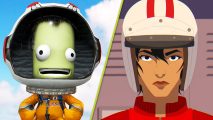 Take Two layoffs Kerbal Space Program 2 Rollerdrome: a green alien in an astronaut suit next to a woman in a crash helmet