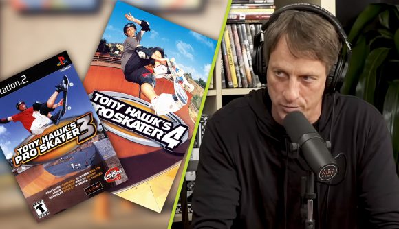 Tony Hawk's Pro Skater 3+4 remakes: An image of Tony Hawk with a podcast microphone.