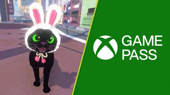 Xbox Game Pass Little Kitty, Big City release day: a cute black cat with a bunny hat, next to the Game Pass logo