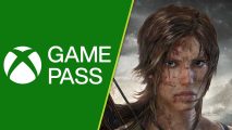 Xbox Game Pass Tomb Raider: A split image showing a white Game Pass logo on a green background and Lara Croft with mud and cuts on her face