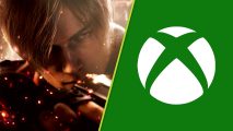 Xbox sale Golden Week: Leon Kennedy surrounded by embers of flame, next to the Xbox logo