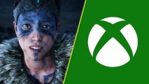 Xbox Sale Hellblade 2 99: Senua with blue makeup on her face, next to the Xbox logo