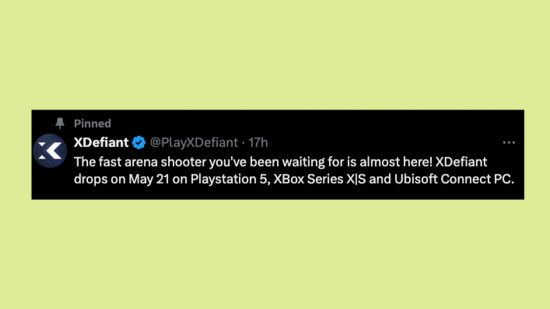 XDefiant launch date confirmed: An image of Ubisoft on social media confirming the XDefiant release date.
