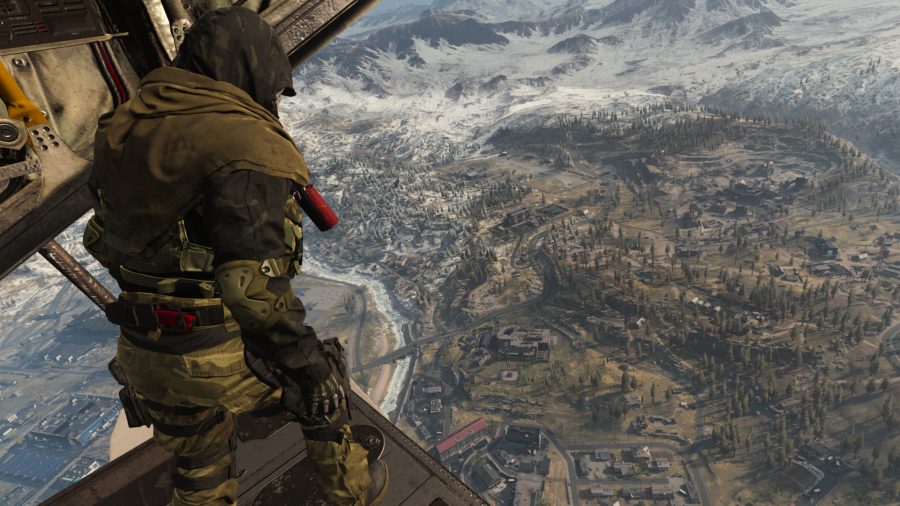 Call of Duty: Warzone player standing at the edge of the plane looking over Verdansk