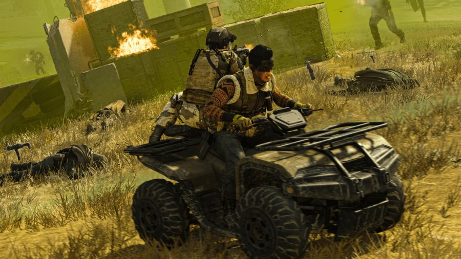 Warzone tips: A player fires his gun off the back of a quad bike in Verdansk