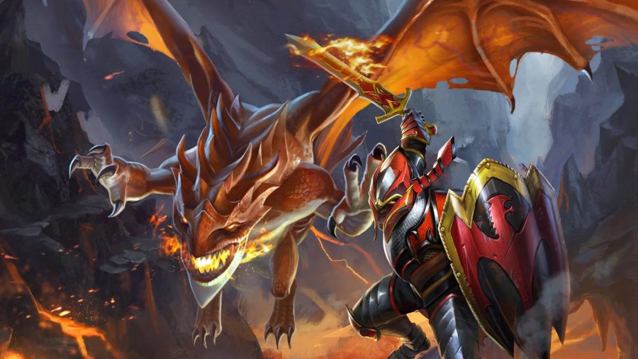 Dota 2 champion weilding a fiery sword with a dragon in the background