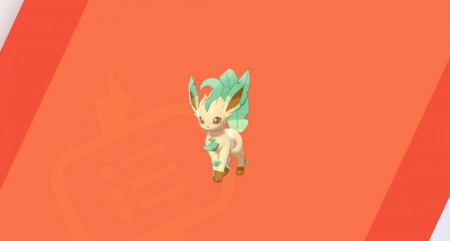 Leafeon against a red background
