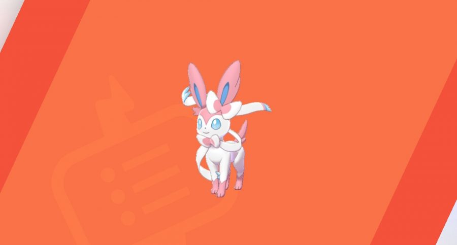 Sylveon against a red background