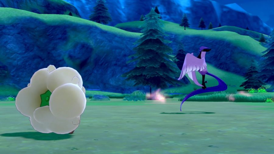 Encounter with Galarian Articuno in a field. Trainer is using Whimsicott.