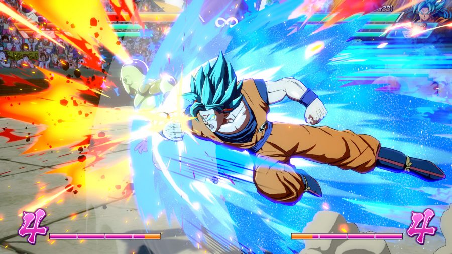 Super Saiyan Blue Goku rushing into golden Frieza.