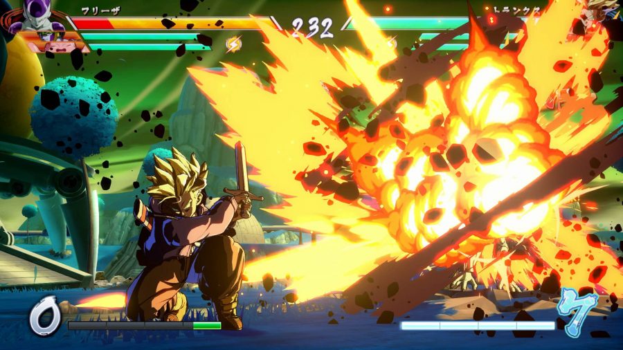 Trunks has just used his sword, which has caused the explosion behind him.