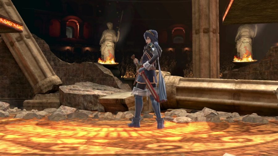 Lucina is posing in the Fire Emblem arena, with a hand on the hilt of her sword.