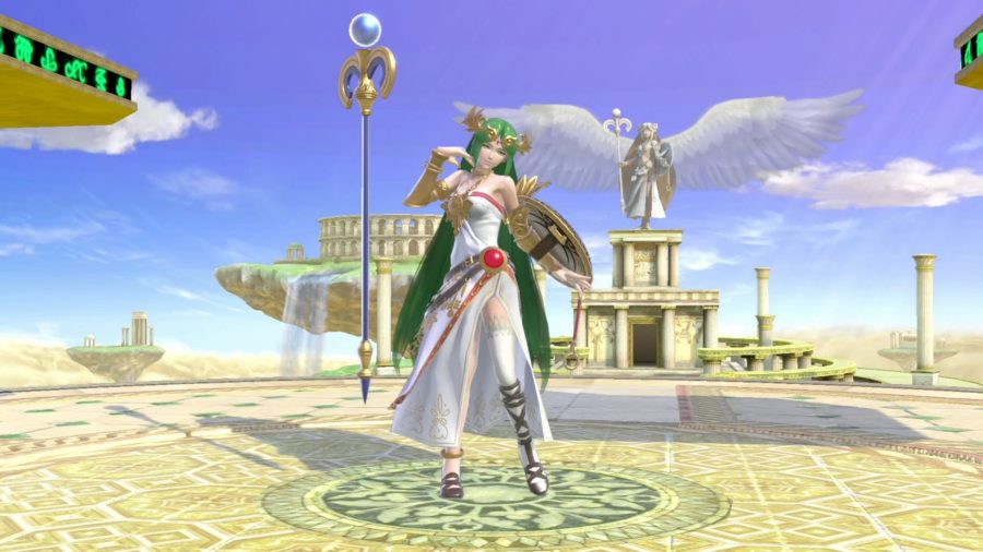 Palutena using her godly powers to make her staff float effortlessly. A statue of her is in the background.