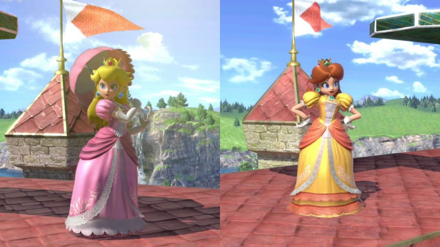 Both Peach and Daisy on top of Peach's castle. Peach is holding an umbrella, while Daisy has her hands on her hips.