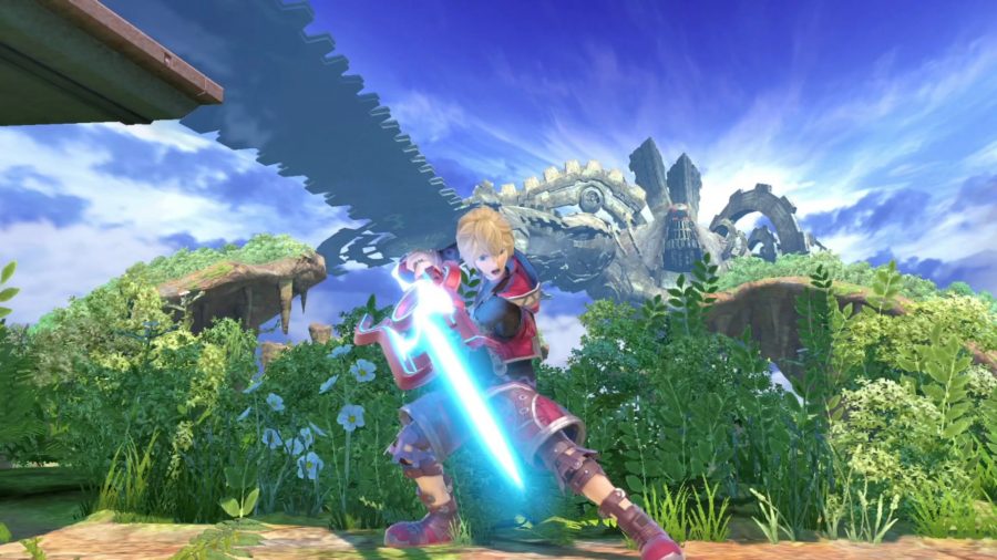 Shulk is brandishing the Monado, a sword that helps him avoid death. A massive metal colossus with a serrated sword looms in the distance.