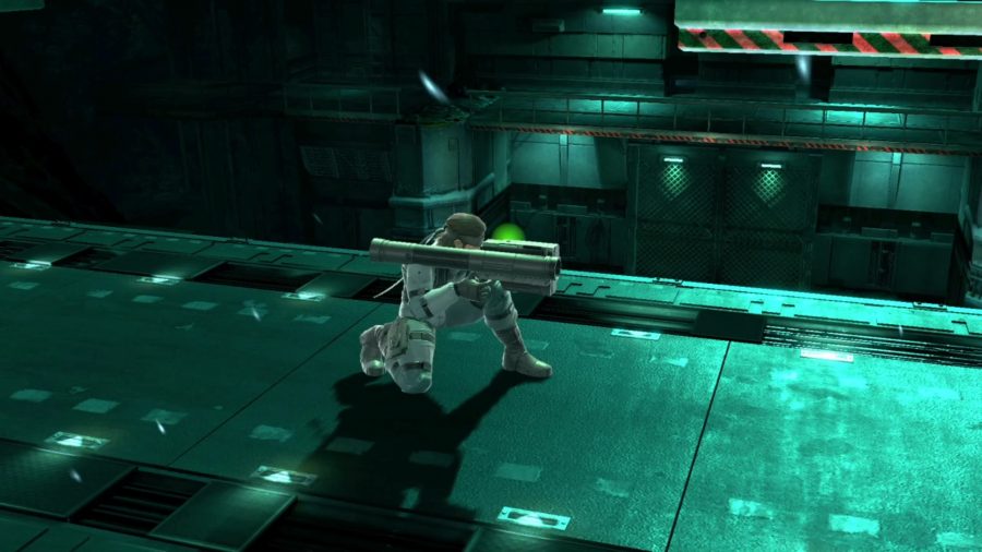 Snake is aiming the NIKITA homing missile launcher while standing on a platform in Shadow Moses Island.
