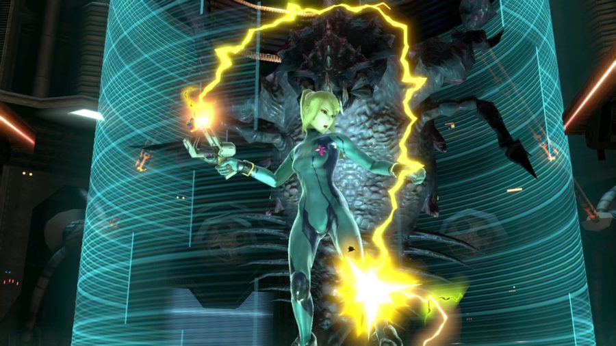Zero Suit Samus flailing her electrical whip-gun. Metroid Prime lies in wait in a huge chamber in the background.