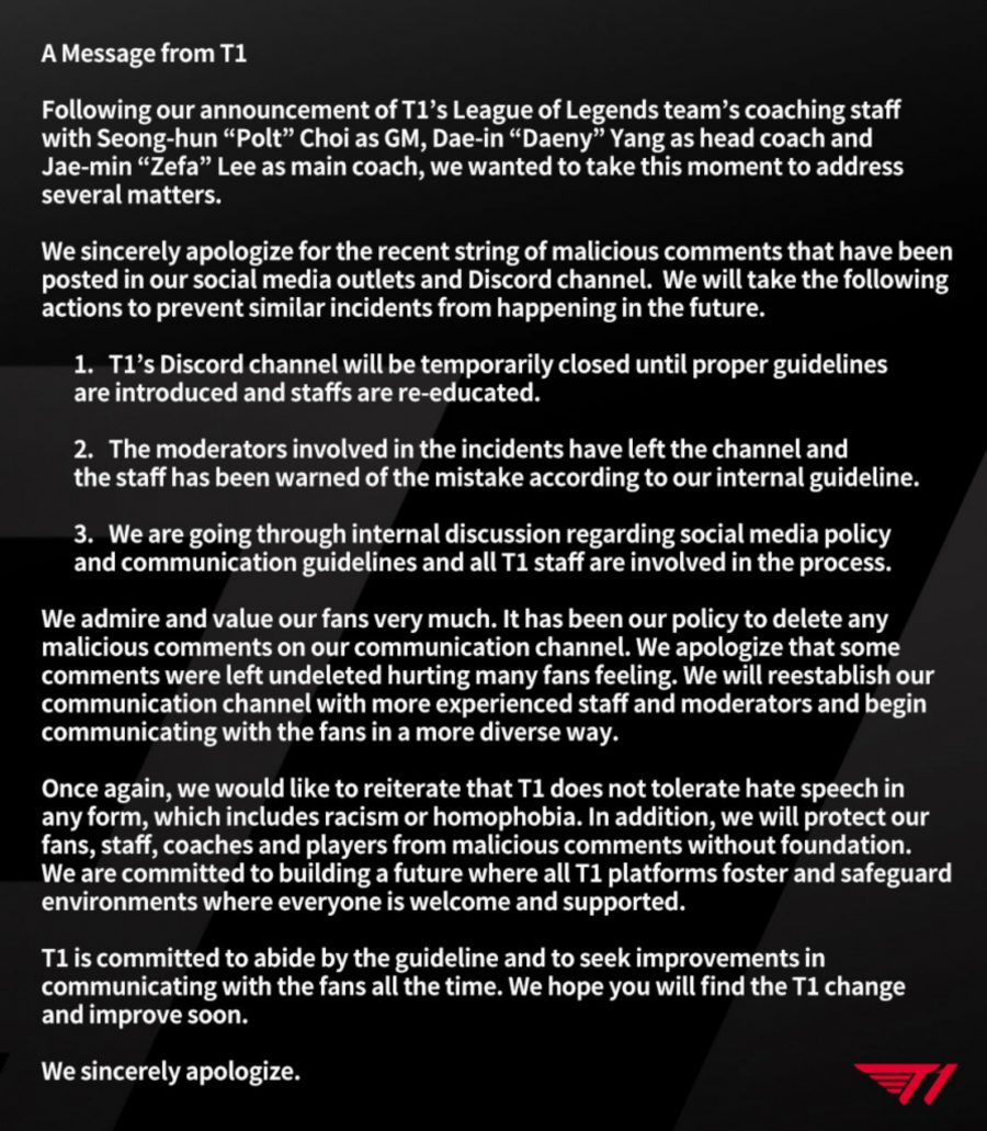 T1's apology for allowing hate speech in its official Discord server