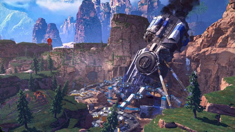 A panorama of Apex Legends' original map King's Canyon, but a huge blue spaceship has crash landed in the ground