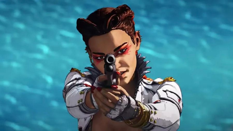 Apex Legends weapons: Apex Legends character Loba aims a pistol at the camera against a background of the sea