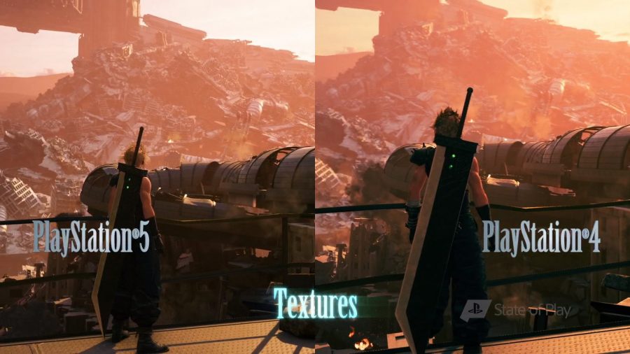 Two images of Cloud Strife are next to each other, labelled PS5 and PS4. He looks out over a landfill site, the PS5 image is higher quality