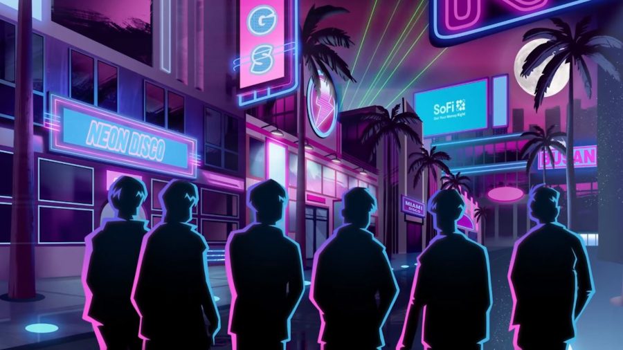 Cartoon version of Florida Mayhem players looking down a neon lit street