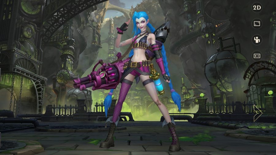 Jinx with her rocket launcher on her back salutes in Wild Rift