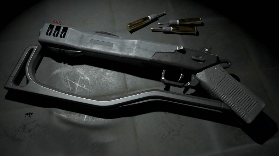 The GONNE-6 secondary weapon in Rainbow Six Siege, lying on a black metal surface