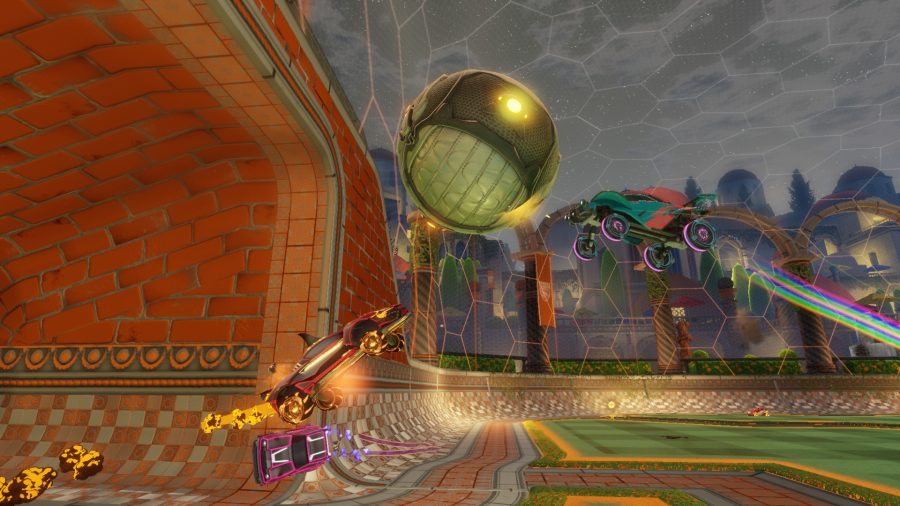 A car saves the ball from going in the goal in Rocket League
