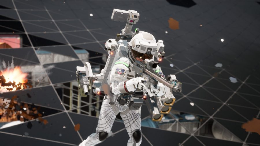 An astronaut carries a weapon while floating in space