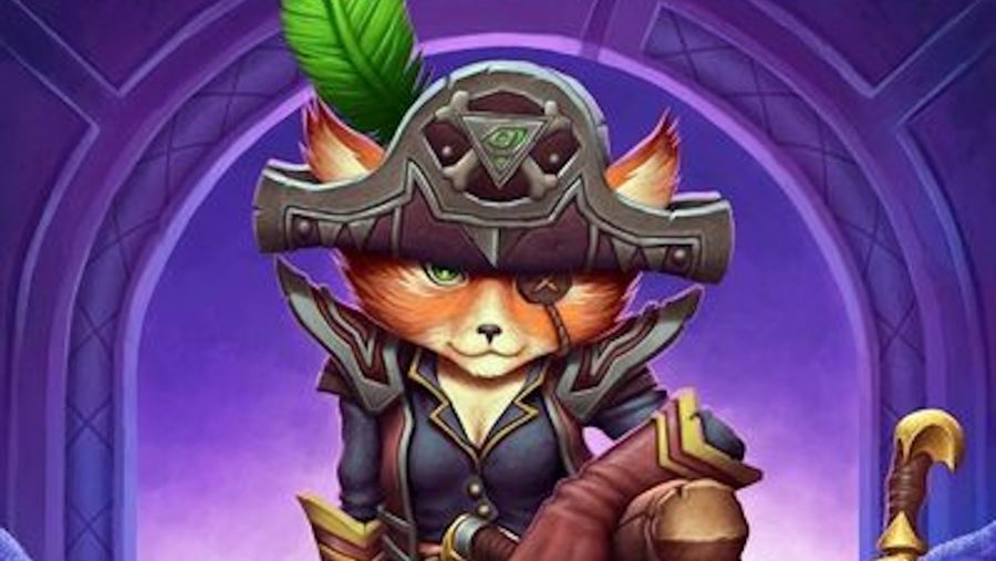 A fox in a pirate hat sits on a pile of gold