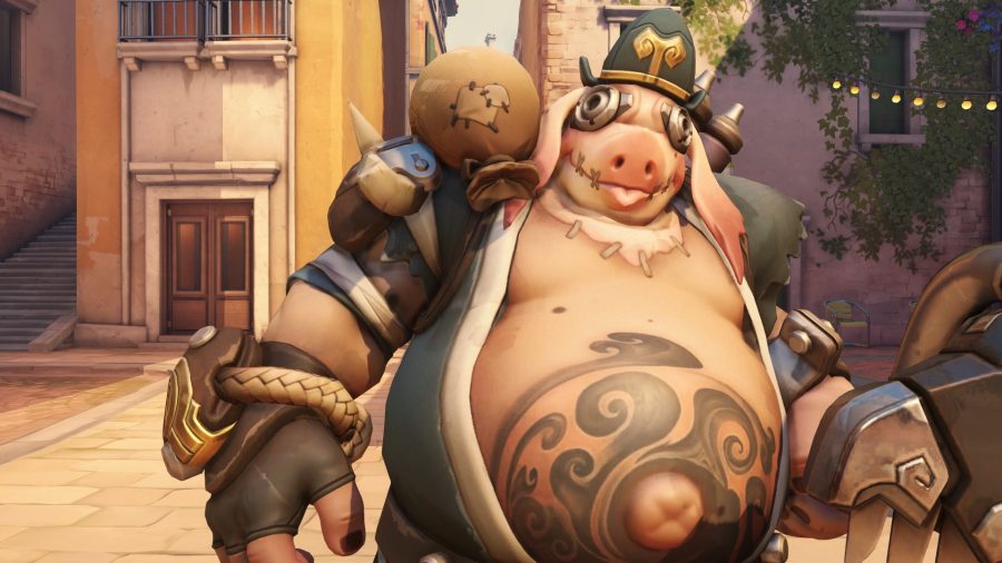 Roadhog staring at the camera with his big belly sticking out