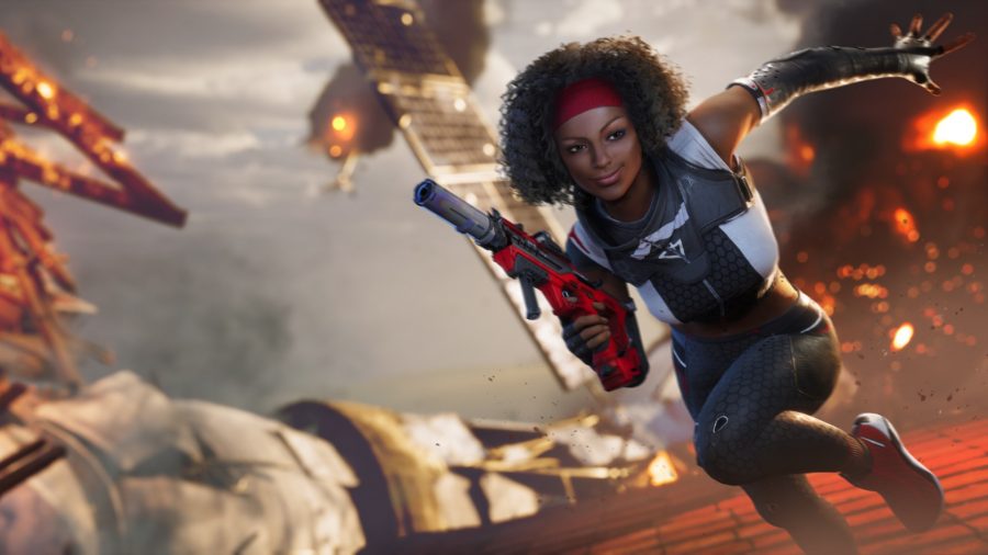 Rogue Company character Lancer running through burning wreckage. She has black curly hair held back with a red headband, is wearing black, red, and white sports gear, and is holding a red gun