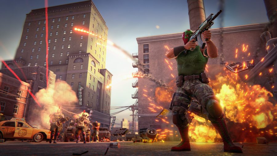 Saints Row 3 player shooting as things explode behind him on the street