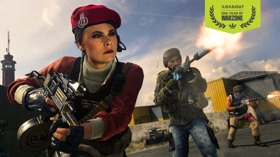 Two Warzone operators wielding weapons. On the left is a female operator wearing a crimson outfit. On the right is a bearded male operator wearing a dark green jacket