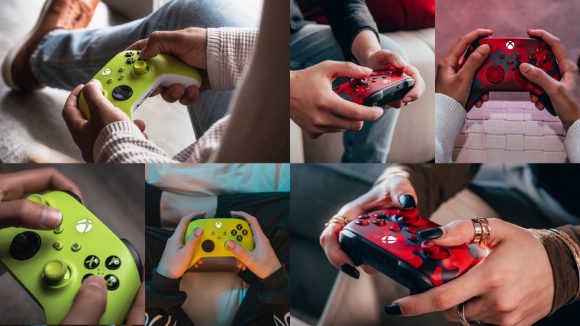 A collage of six close-up photos of people's hands holding and using Xbox controllers