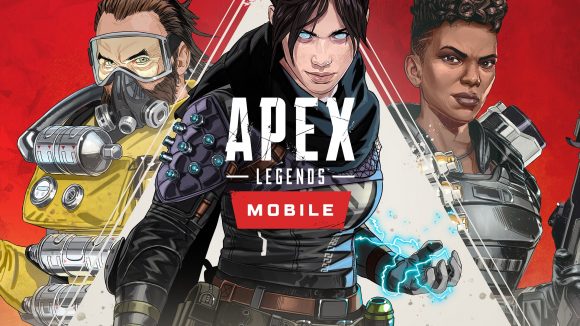 Illustrations of Caustic, Wraith and Bangalore stand in front of a red background, the words "Apex Legends Mobile" are written over them