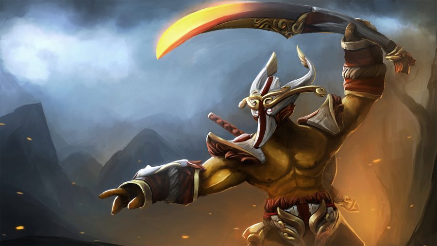 Best Dota 2 heroes: A muscular character with a horned bone mask lifts a scimitar above his head