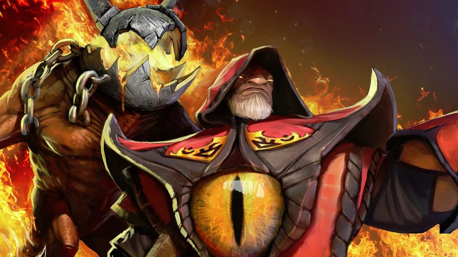 Best Dota 2 heroes: A bearded man with a yellow eye on his chest stands in front of a fiery inferno