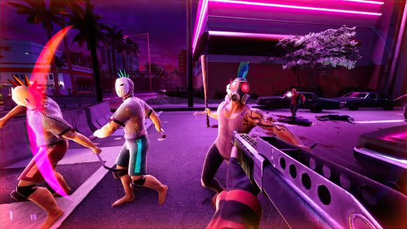 Neon people wearing masks and toting makeshift weapons charge at the player, who hold a gun