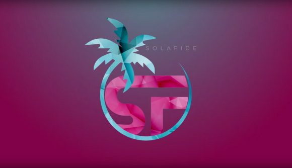The SolaFide logo, a pink SF encircled by a palm tree on a pink background