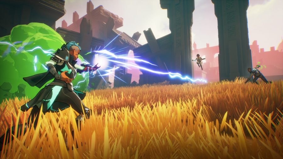 A Spellbreak character casts a blue, lightning-type spell at two enemies