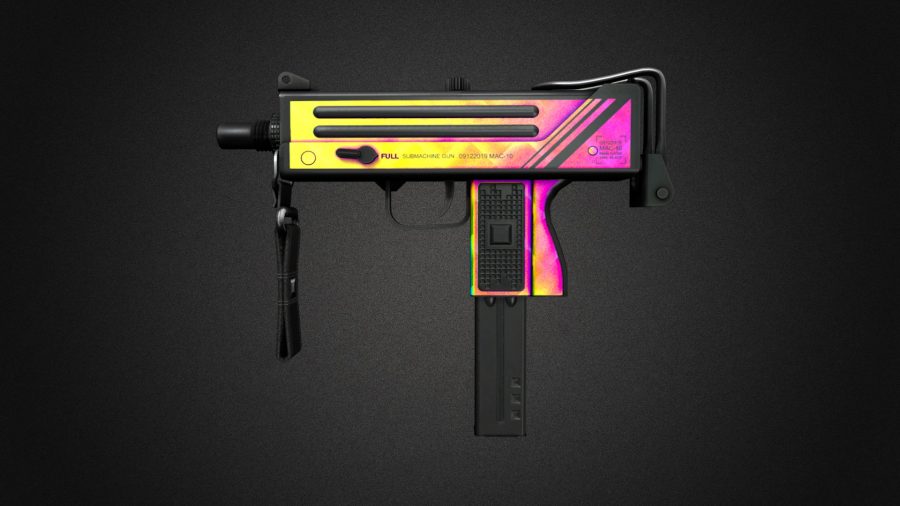 A neon gradient painted MAC-10 in yellow and pink
