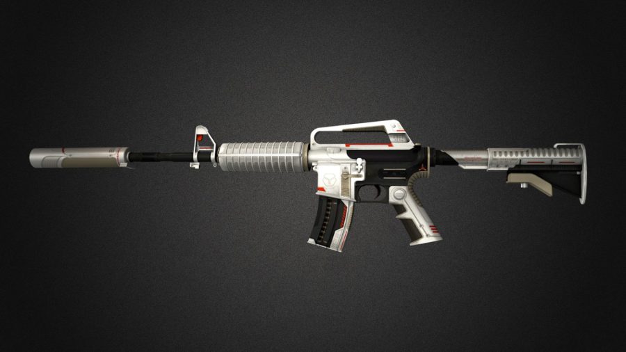 A white M4A1 silenced rifle painted white and black with flashes of gold and red