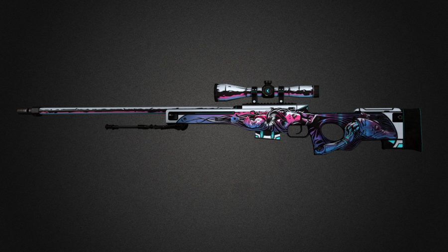 Two women in a noir style painted on the side of a white, blue, and pink sniper rifle