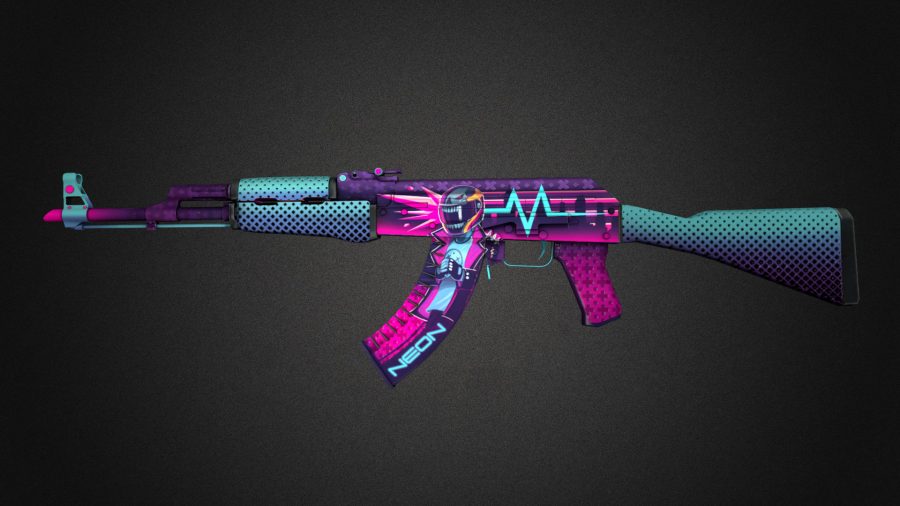 A cyberpunk style AK-47 painted in neon pink and blue