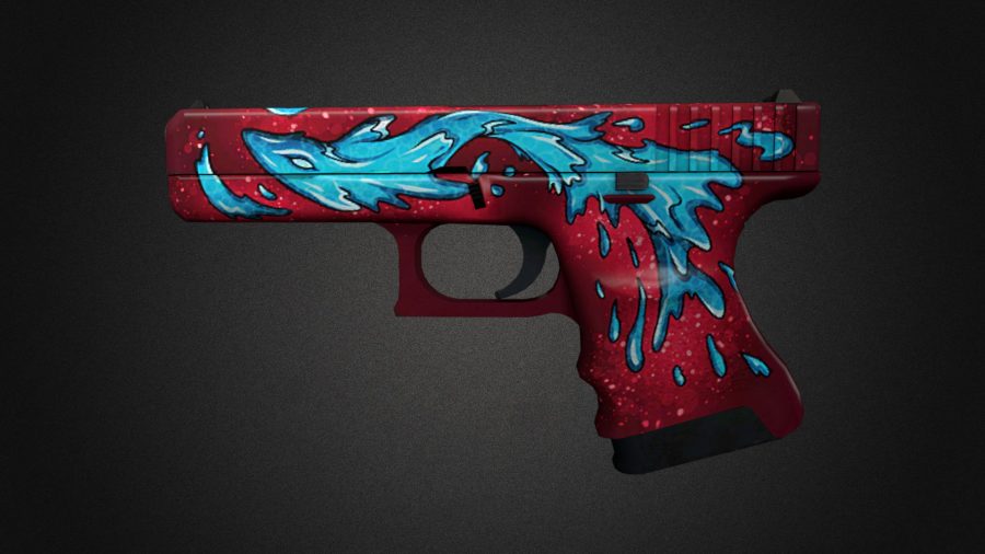 A red Glock pistol with a blue water wave painted on the side