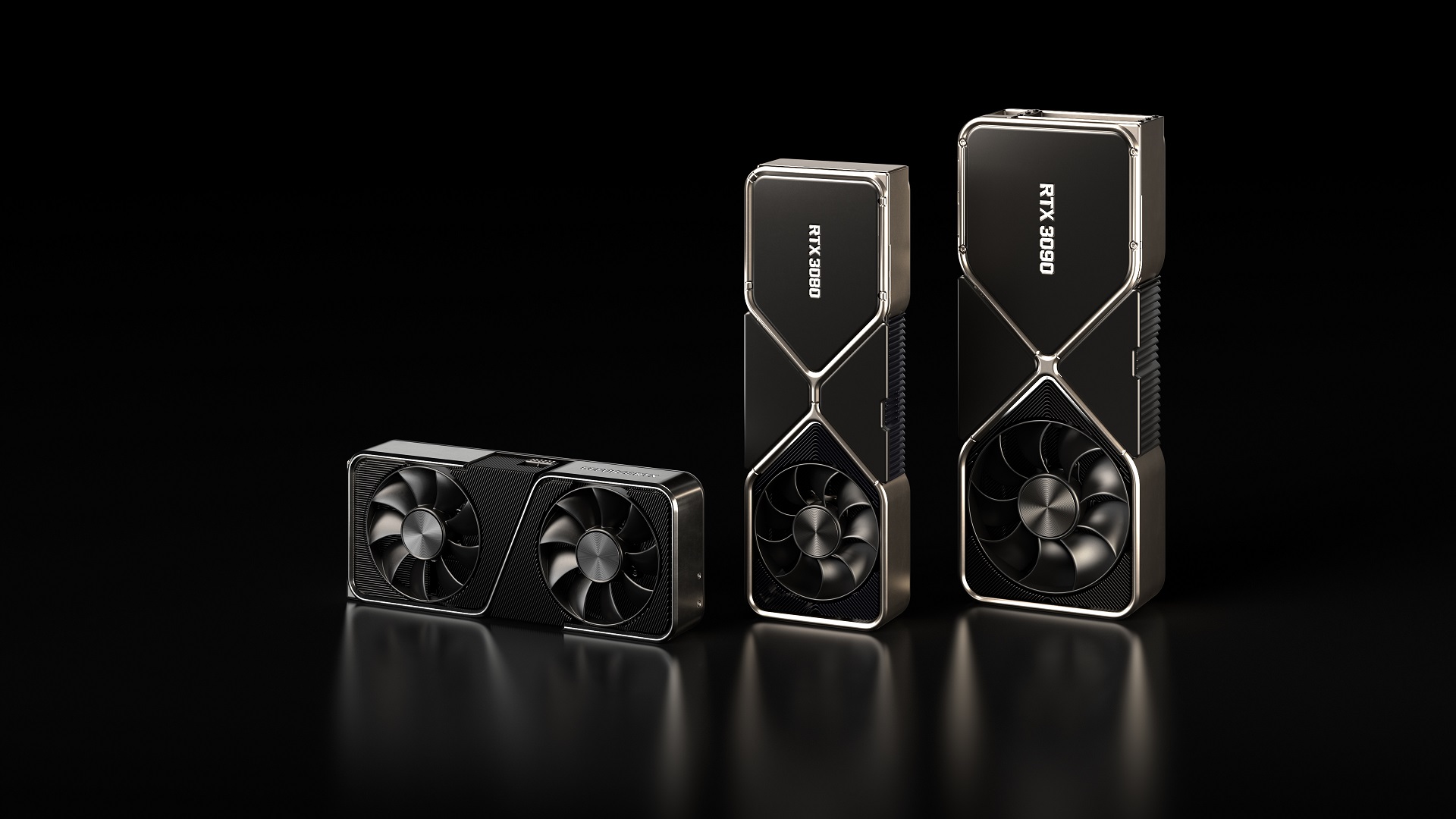 Three Nvidia graphics cards lined up in front of a reflective black background