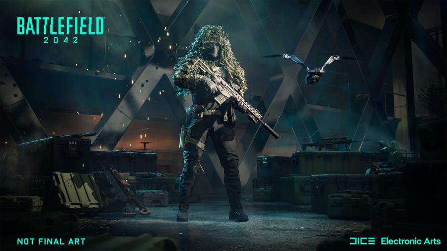 Battlefield 2042 specialists: Casper is shown in a ghillie suit clutching his rifle while his drone flies