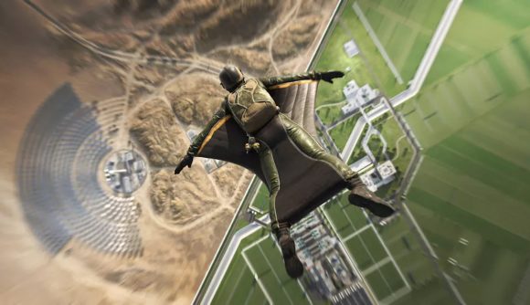 A soldier in a wingsuit floating above a battlefield